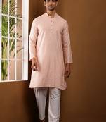 Men   s peach self-textured viscose blend kurta with white pajama set