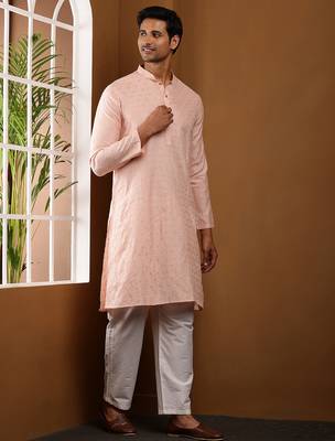Men   s peach self-textured viscose blend kurta with white pajama set 2