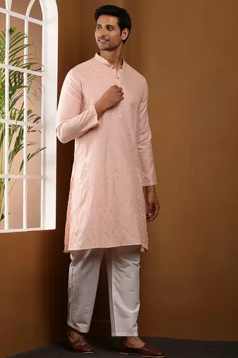 Men   s peach self-textured viscose blend kurta with white pajama set