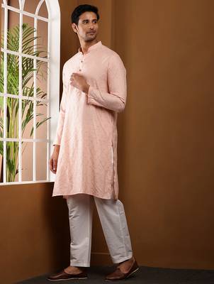 Men   s peach self-textured viscose blend kurta with white pajama set 3