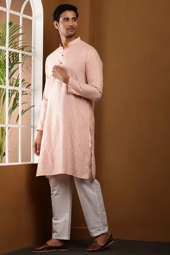 Men   s peach self-textured viscose blend kurta with white pajama set