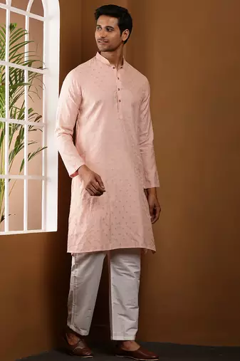 Men   s peach self-textured viscose blend kurta with white pajama set