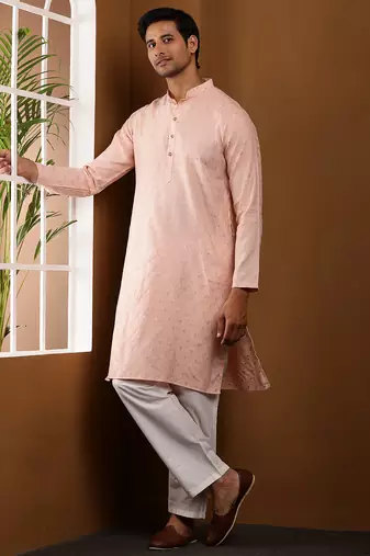 Men   s peach self-textured viscose blend kurta with white pajama set