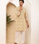 Men   s yellow floral printed cotton kurta with white pajama set