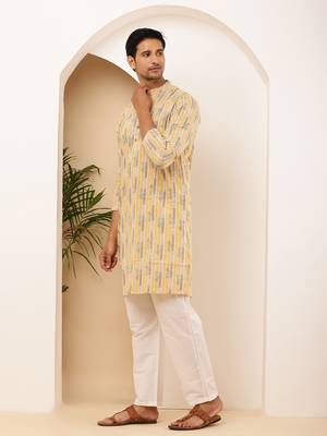 Men   s yellow floral printed cotton kurta with white pajama set 2