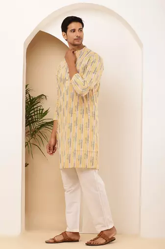 Men   s yellow floral printed cotton kurta with white pajama set