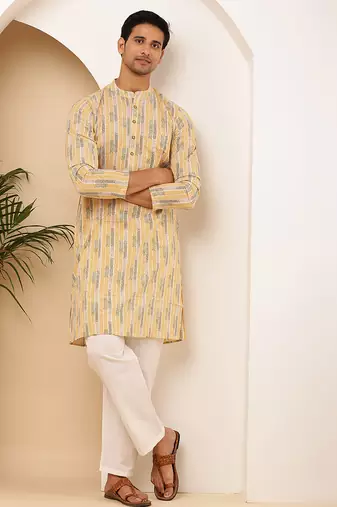 Men   s yellow floral printed cotton kurta with white pajama set