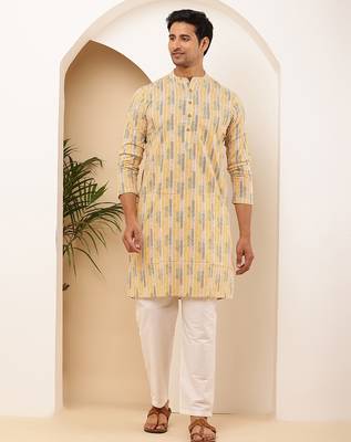 Men   s yellow floral printed cotton kurta with white pajama set 4