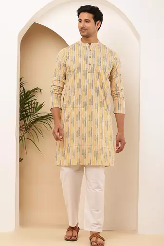 Men   s yellow floral printed cotton kurta with white pajama set