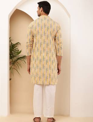 Men   s yellow floral printed cotton kurta with white pajama set 5