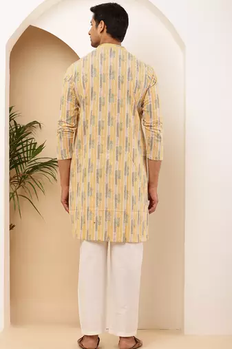 Men   s yellow floral printed cotton kurta with white pajama set