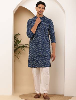 Men   s navy blue ikat printed cotton kurta with white pajama set 1