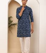 Men   s navy blue ikat printed cotton kurta with white pajama set