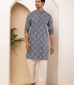 Men   s indigo handblock printed cotton kurta with white pajama set