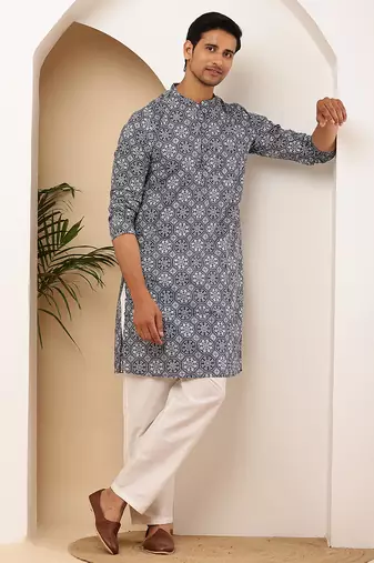 Men   s indigo handblock printed cotton kurta with white pajama set