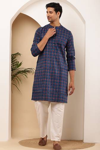 Men’s navy blue handblock printed cotton kurta with white pajama