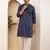 Men   s navy blue handblock printed cotton kurta with white pajama