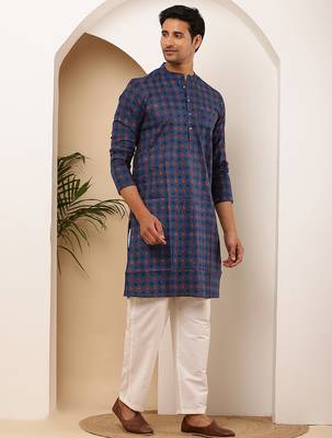 Men   s navy blue handblock printed cotton kurta with white pajama 2