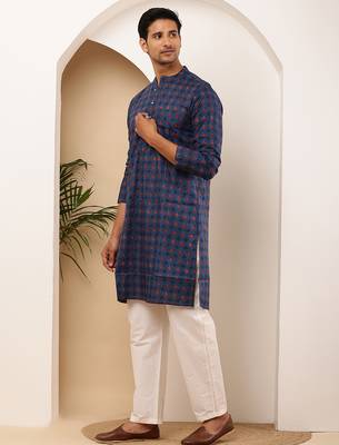 Men   s navy blue handblock printed cotton kurta with white pajama 4
