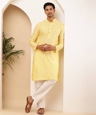 Men   s light yellow self-textured viscose blend kurta with white pajama set 3