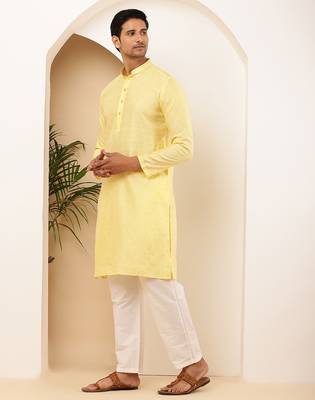 Men   s light yellow self-textured viscose blend kurta with white pajama set 4
