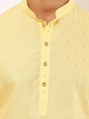 Men   s light yellow self-textured viscose blend kurta with white pajama set 5