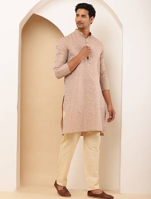 Men's beige textured kurta set with cream churidar 2