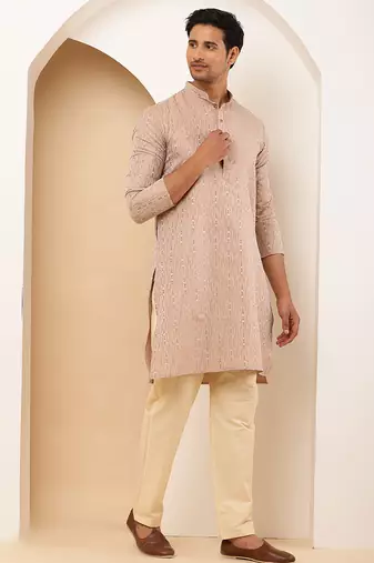 Men's beige textured kurta set with cream churidar