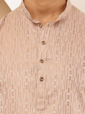 Men's beige textured kurta set with cream churidar 5