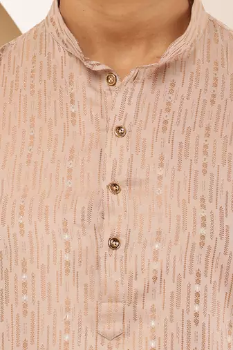 Men's beige textured kurta set with cream churidar
