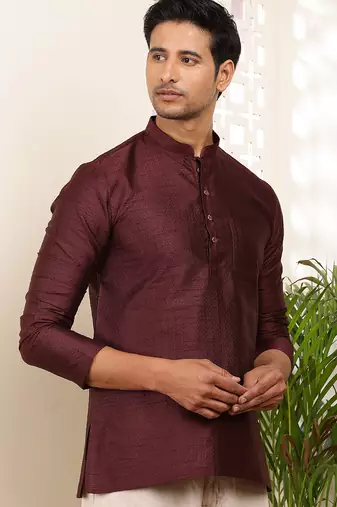 Men's maroon viscose blend short kurta