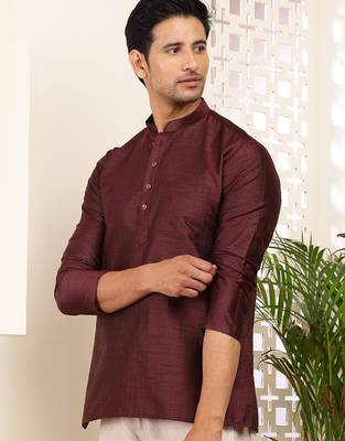Men's maroon viscose blend short kurta 2