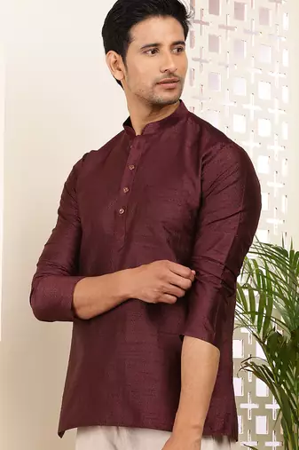 Men's maroon viscose blend short kurta