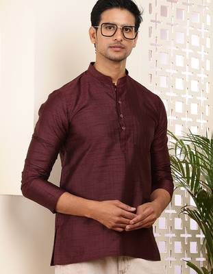 Men's maroon viscose blend short kurta 3