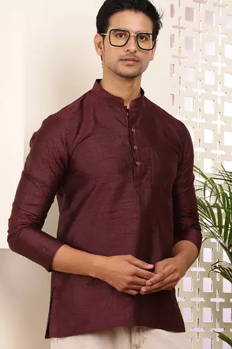 Men's maroon viscose blend short kurta