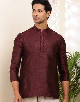 Men's maroon viscose blend short kurta 4