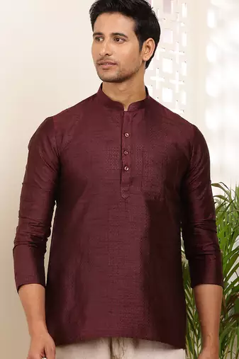 Men's maroon viscose blend short kurta