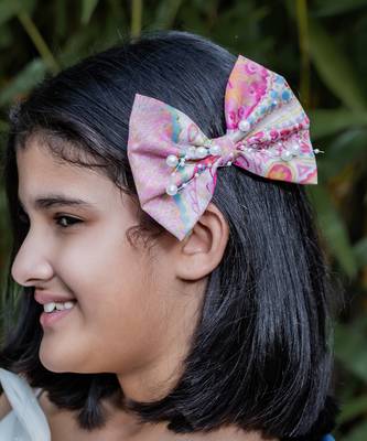 Multicolor pearl printed hair bow 1