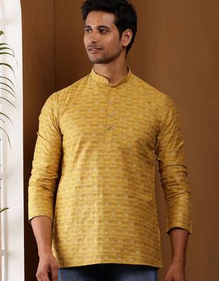 Men's mustard yellow viscose blend short kurta 1