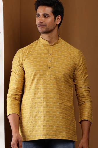 Men's mustard yellow viscose blend short kurta