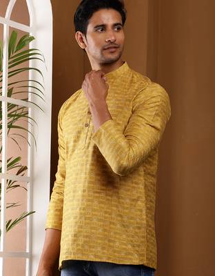 Men's mustard yellow viscose blend short kurta 2