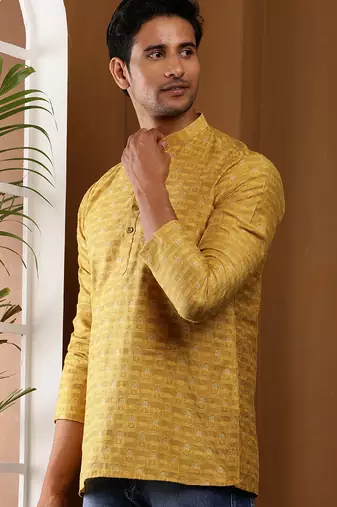 Men's mustard yellow viscose blend short kurta