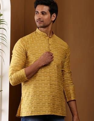 Men's mustard yellow viscose blend short kurta 3
