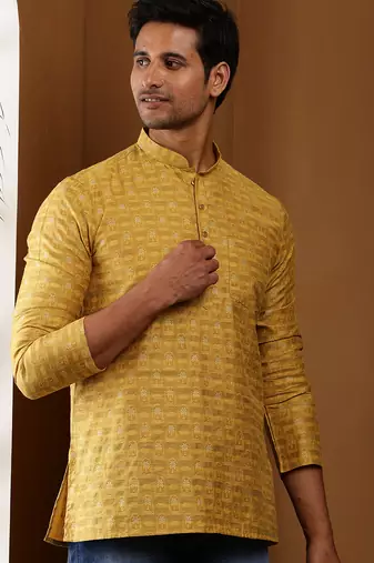 Men's mustard yellow viscose blend short kurta