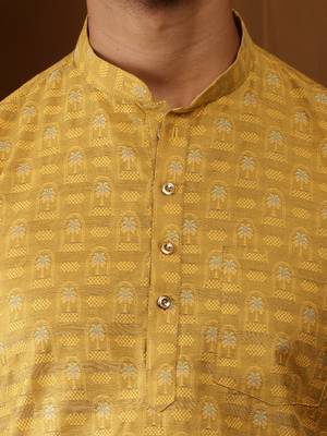 Men's mustard yellow viscose blend short kurta 4