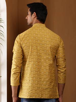 Men's mustard yellow viscose blend short kurta 5