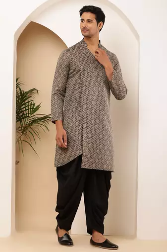Men printed straight kurta with black dhoti pants set
