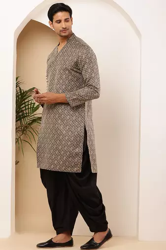 Men printed straight kurta with black dhoti pants set