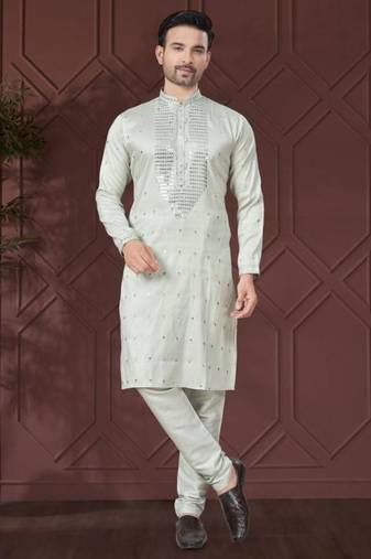 Green pure silk with embroidery work kurta pyjama for mens wear