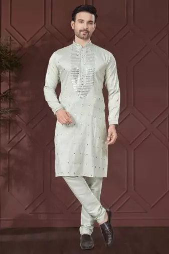 Green pure silk with embroidery work kurta pyjama for mens wear